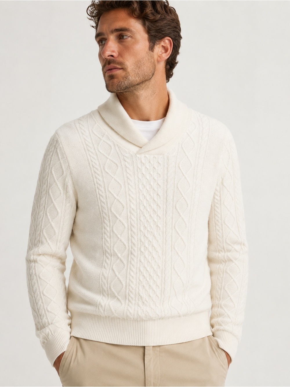 Murano Cream Merino Wool Long Sleeve Cable Knit Shawl Collar Sweater Men Size S